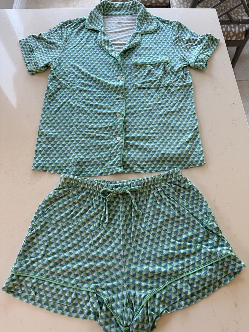 Auden Green and Blue Geometric Short Pajama Set Size: XS